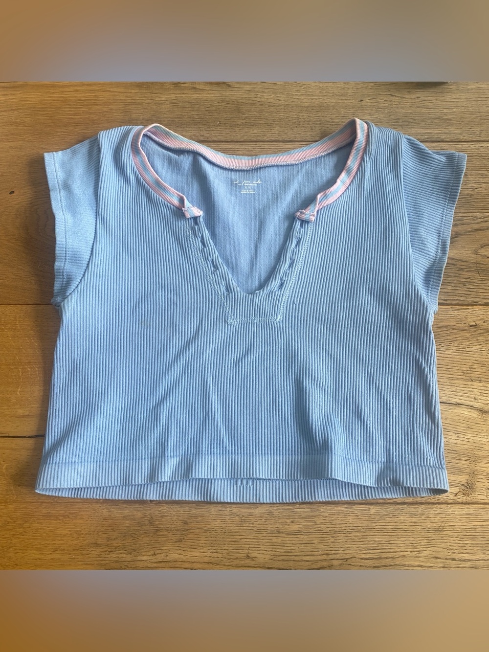 Urban Outfitters Light Blue Ribbed V-Neck Top with Pink Trim